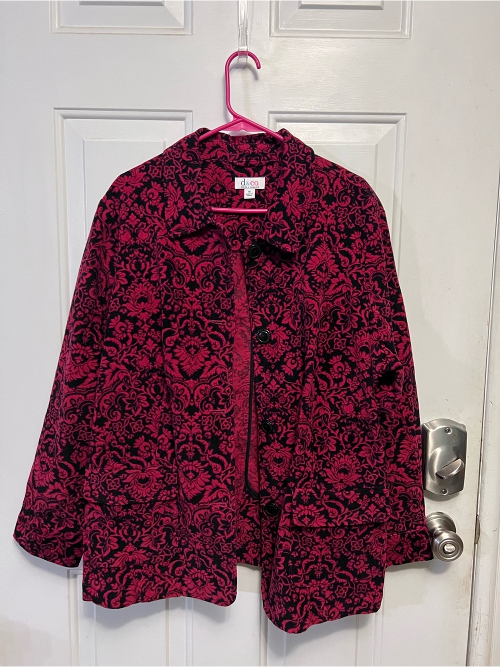 D&Co Denim + Company 1X Textured Damask Jacket Burgundy Black Cotton Button